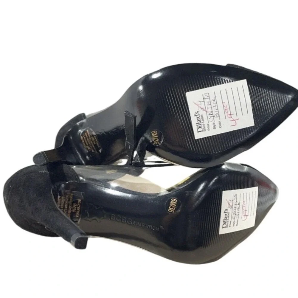 BCBGeneration Cynthia Black Suede Clear PVC Pointed Toe Ankle Strap Pump 6M